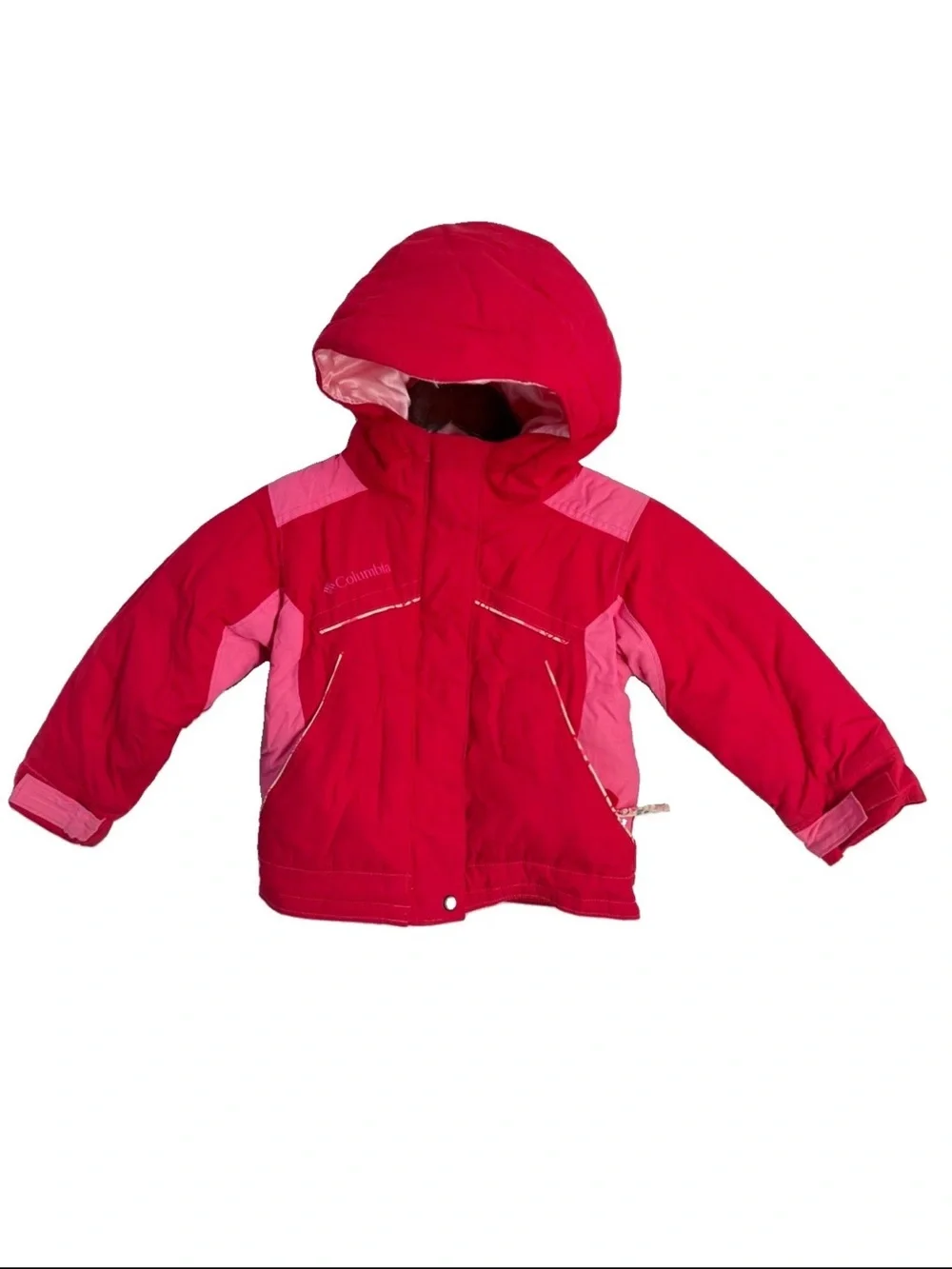 Columbia Girls Pink Red Hooded Winter Puffer Jacket Size 3T Fleece Interior